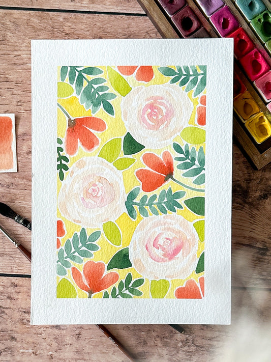 Aquarelle Originale : Roses blanche fond jaune