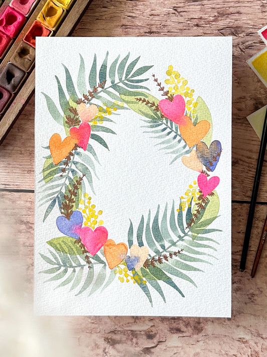 Aquarelle Originale : Couronne de cœurs