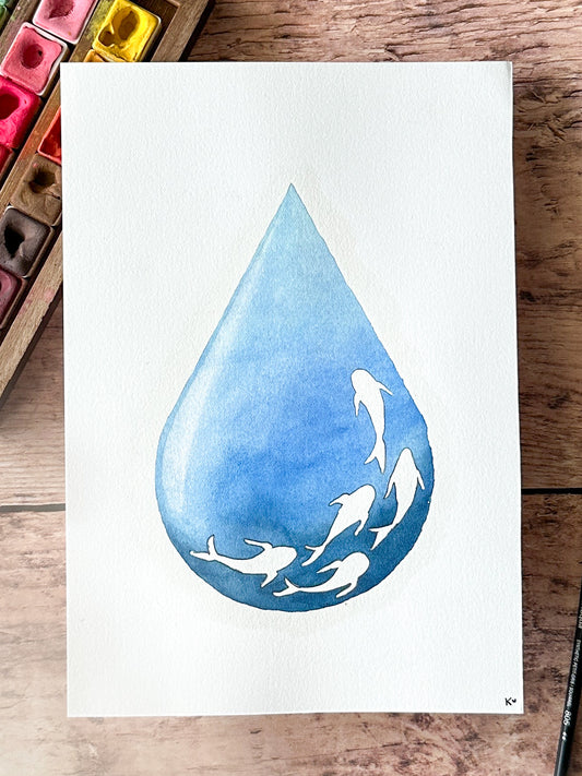 Aquarelle Originale : L'océan dans une goutte