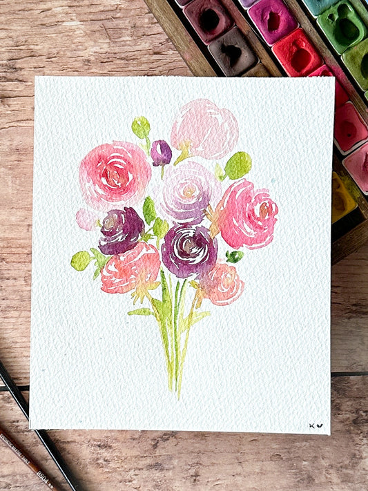 Aquarelle Originale : Bouquet de renoncules roses et violettes