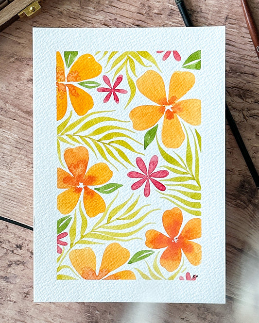 Aquarelle Originale : Fleurs oranges
