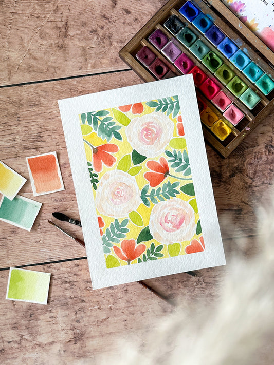 Aquarelle Originale : Roses blanche fond jaune