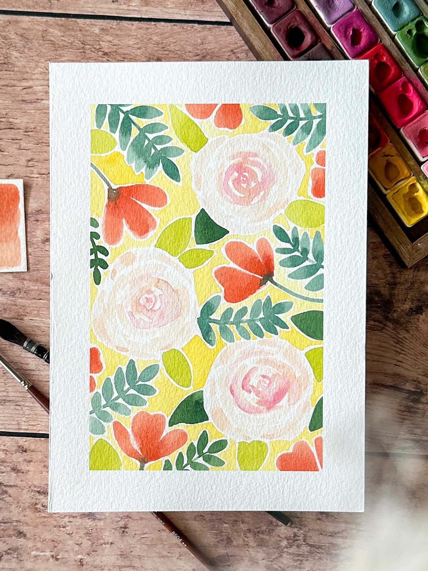Aquarelle Originale : Roses blanche fond jaune
