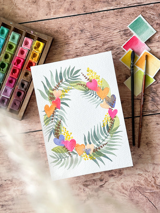 Aquarelle Originale : Couronne de cœurs