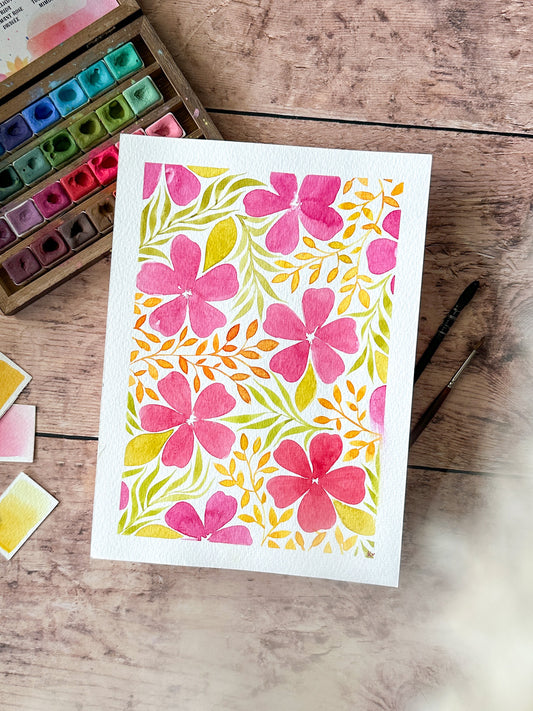 Aquarelle Originale : Fleurs & Feuillage orangé