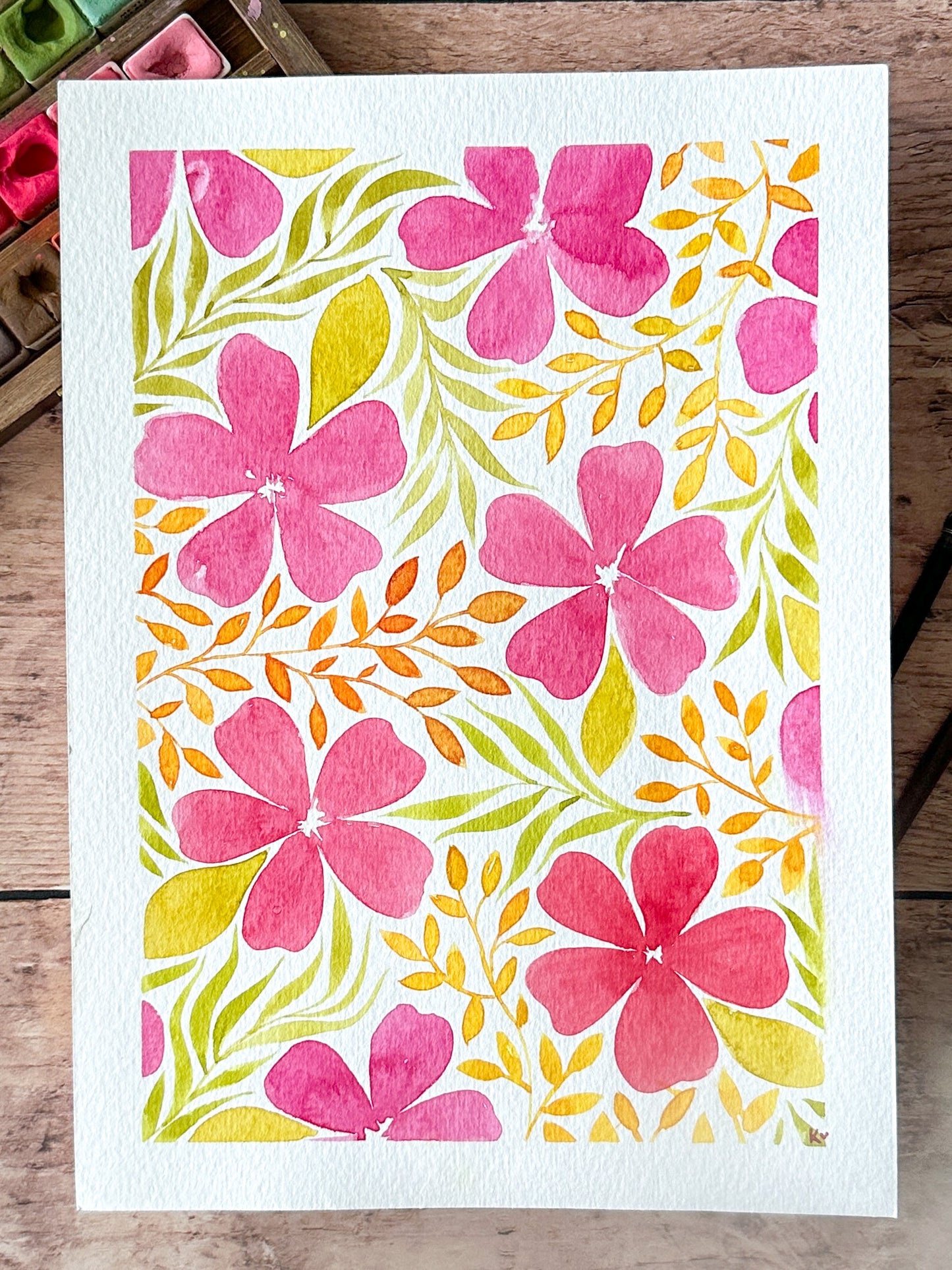 Aquarelle Originale : Fleurs & Feuillage orangé