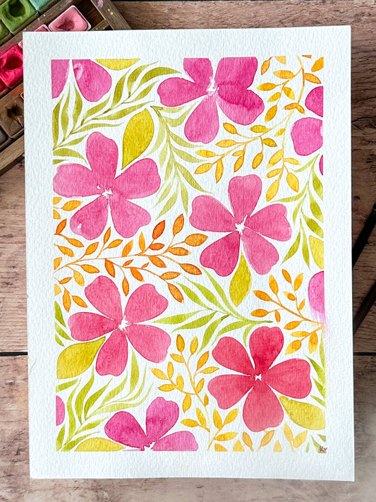 Aquarelle Originale : Fleurs & Feuillage orangé