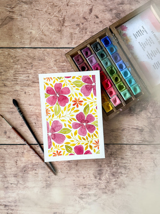 Aquarelle Originale : Fleurs bordeaux et feuillage