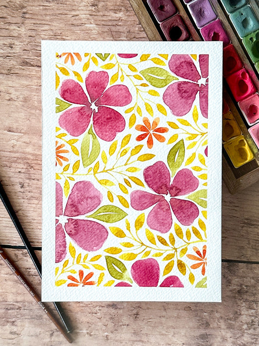 Aquarelle Originale : Fleurs bordeaux et feuillage