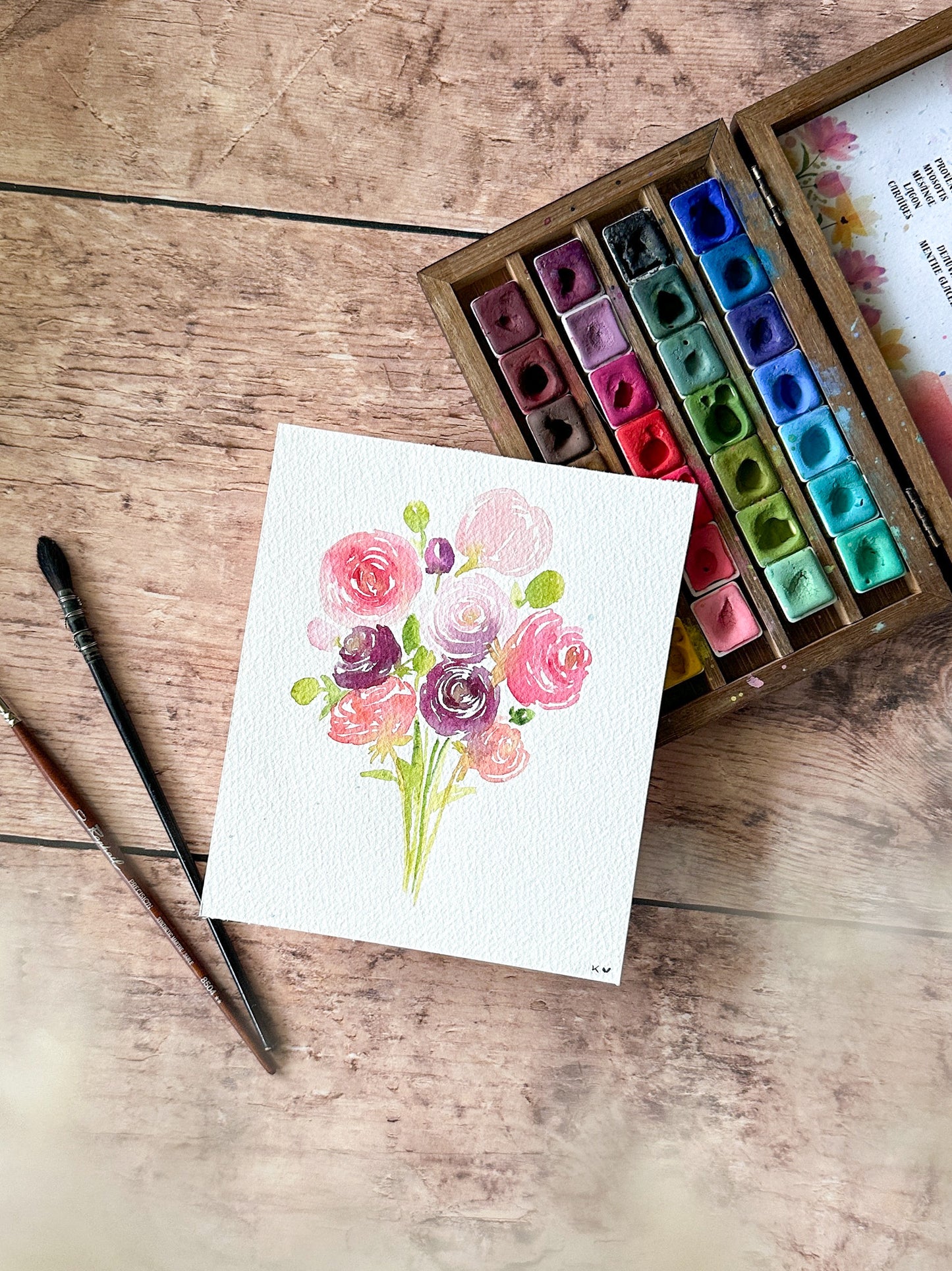 Aquarelle Originale : Bouquet de renoncules roses et violettes